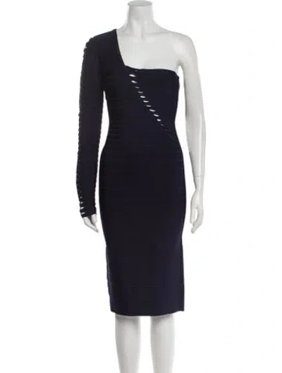 Pre-owned Herve Leger One-shoulder Knee-length Dress In Black