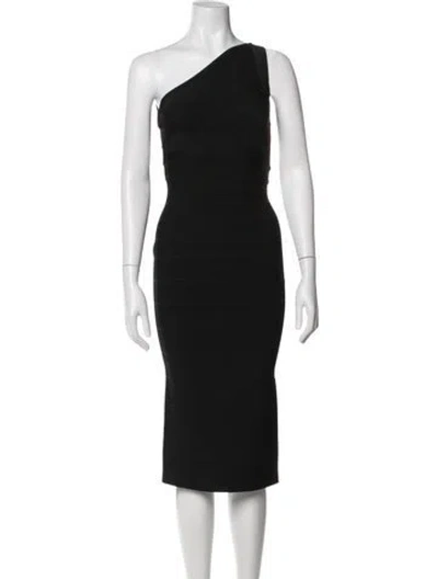 Pre-owned Herve Leger One-shoulder Knee-length Dress In Black