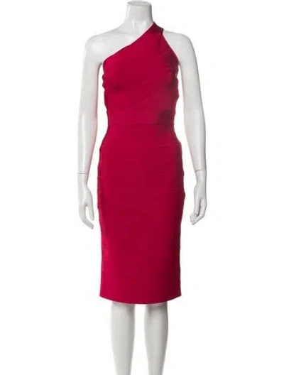 Pre-owned Herve Leger One-shoulder Knee-length Dress In Pink
