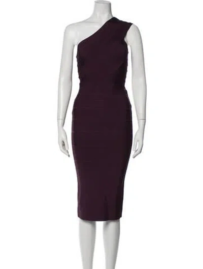 Pre-owned Herve Leger One-shoulder Knee-length Dress In Purple