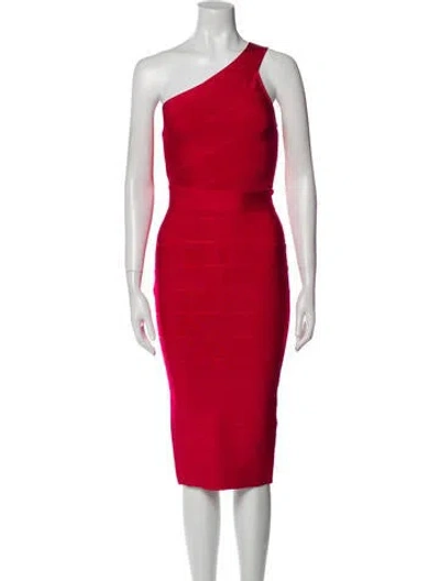 Pre-owned Herve Leger One-shoulder Knee-length Dress In Red