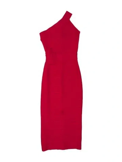 Pre-owned Herve Leger One-shoulder Knee-length Dress In Red