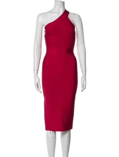 Pre-owned Herve Leger One-shoulder Knee-length Dress In Red