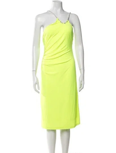 Pre-owned Herve Leger One-shoulder Knee-length Dress In Yellow
