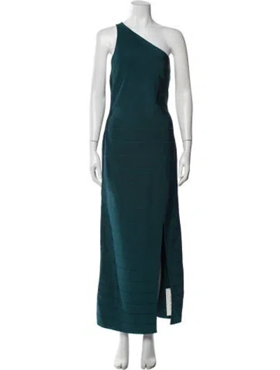 Pre-owned Herve Leger One-shoulder Long Dress In Blue