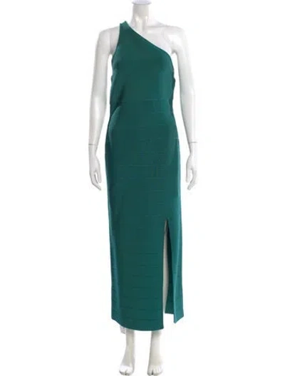 Pre-owned Herve Leger One-shoulder Long Dress In Green