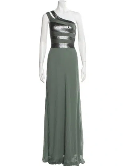 Pre-owned Herve Leger One-shoulder Long Dress In Green