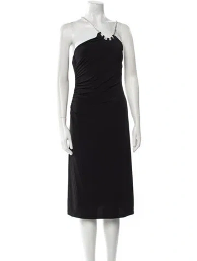 Pre-owned Herve Leger One-shoulder Midi Length Dress In Black