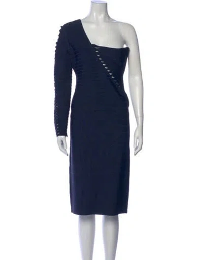 Pre-owned Herve Leger One-shoulder Midi Length Dress In Blue