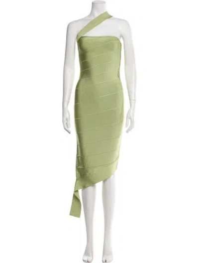 Pre-owned Herve Leger One-shoulder Midi Length Dress In Green