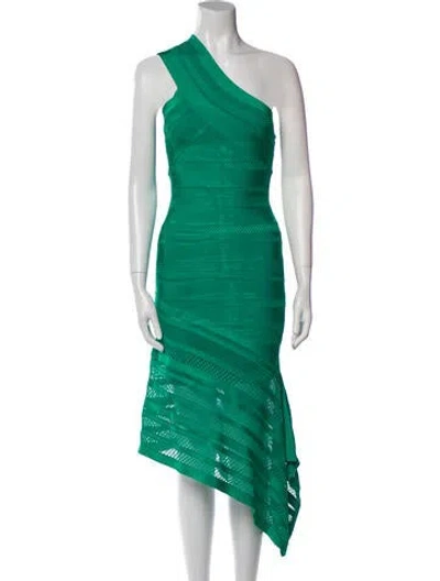 Pre-owned Herve Leger One-shoulder Midi Length Dress In Green