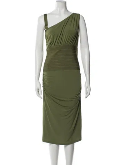 Pre-owned Herve Leger One-shoulder Midi Length Dress In Green