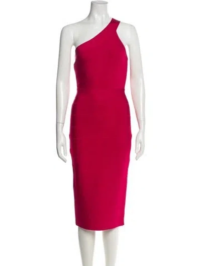 Pre-owned Herve Leger One-shoulder Midi Length Dress In Pink
