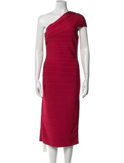 Pre-owned Herve Leger One-shoulder Midi Length Dress In Red