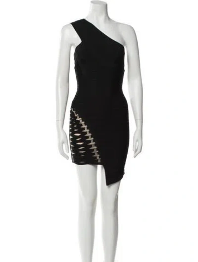 Pre-owned Herve Leger One-shoulder Mini Dress In Black