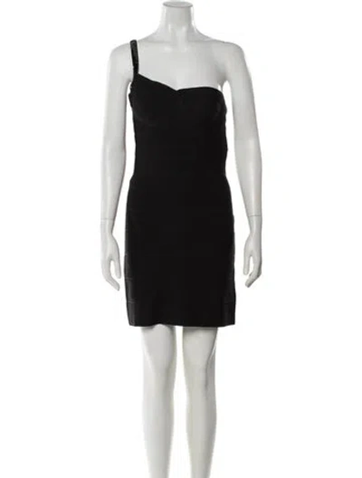 Pre-owned Herve Leger One-shoulder Mini Dress In Black