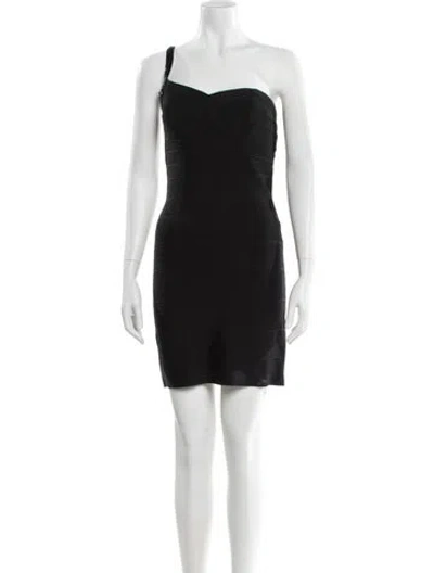 Pre-owned Herve Leger One-shoulder Mini Dress In Black