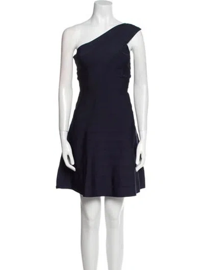 Pre-owned Herve Leger One-shoulder Mini Dress In Blue