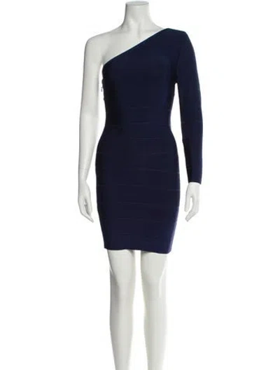 Pre-owned Herve Leger One-shoulder Mini Dress In Blue