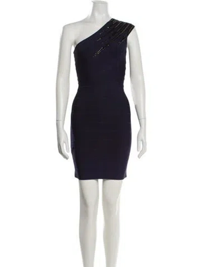 Pre-owned Herve Leger One-shoulder Mini Dress In Blue