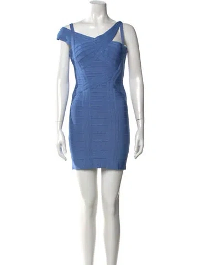 Pre-owned Herve Leger One-shoulder Mini Dress In Blue