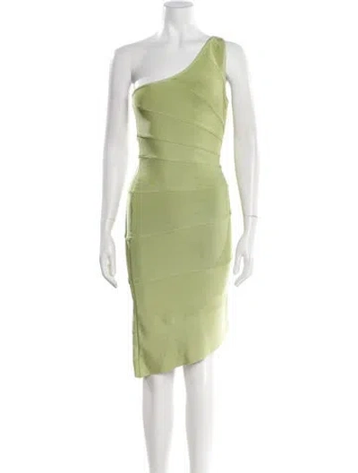 Pre-owned Herve Leger One-shoulder Mini Dress In Green
