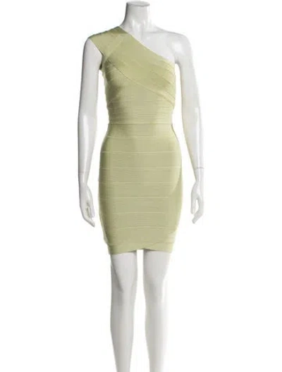 Pre-owned Herve Leger One-shoulder Mini Dress In Green