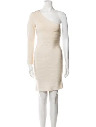 Pre-owned Herve Leger One-shoulder Mini Dress In Neutral