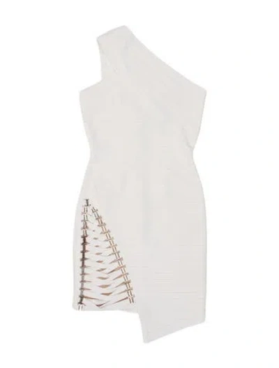 Pre-owned Herve Leger One-shoulder Mini Dress In Neutral