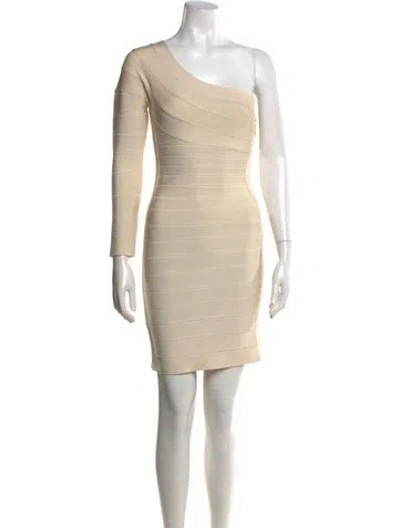 Pre-owned Herve Leger One-shoulder Mini Dress In Neutral