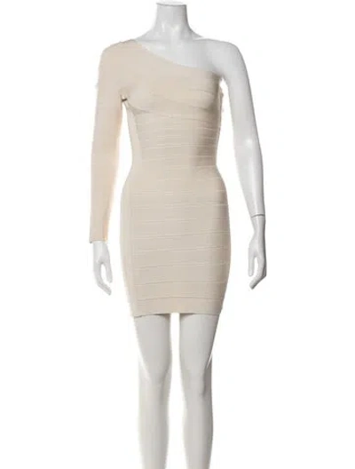 Pre-owned Herve Leger One-shoulder Mini Dress In Neutrals