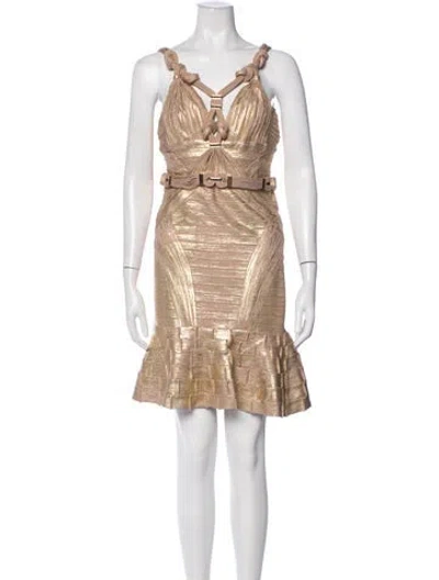Pre-owned Herve Leger One-shoulder Mini Dress In Neutrals