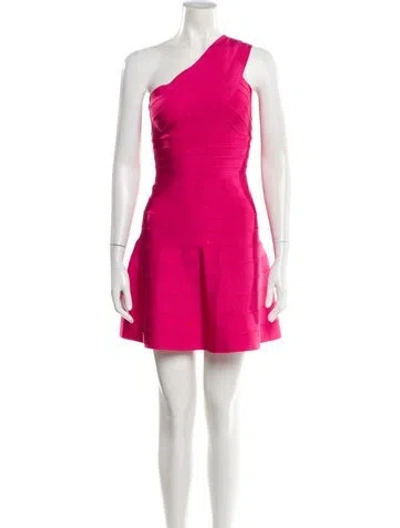 Pre-owned Herve Leger One-shoulder Mini Dress In Pink