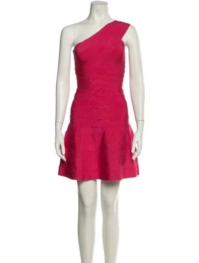 Pre-owned Herve Leger One-shoulder Mini Dress In Pink