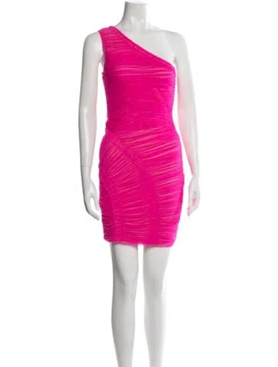 Pre-owned Herve Leger One-shoulder Mini Dress In Pink