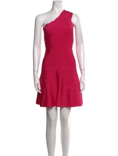Pre-owned Herve Leger One-shoulder Mini Dress In Pink