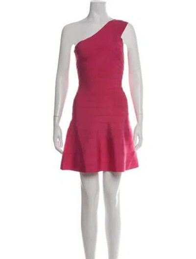 Pre-owned Herve Leger One-shoulder Mini Dress In Pink