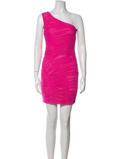 Pre-owned Herve Leger One-shoulder Mini Dress In Pink