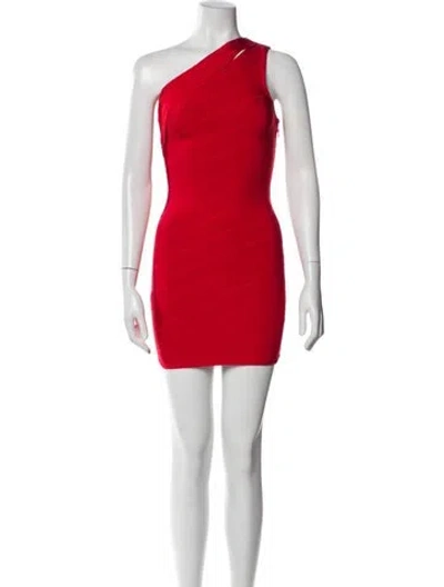 Pre-owned Herve Leger One-shoulder Mini Dress W/ Tags In Red