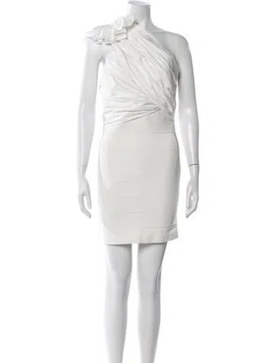 Pre-owned Herve Leger One-shoulder Mini Dress In White