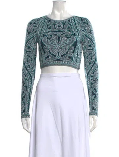 Pre-owned Herve Leger Paisley Print Crew Neck Crop Top In Blue