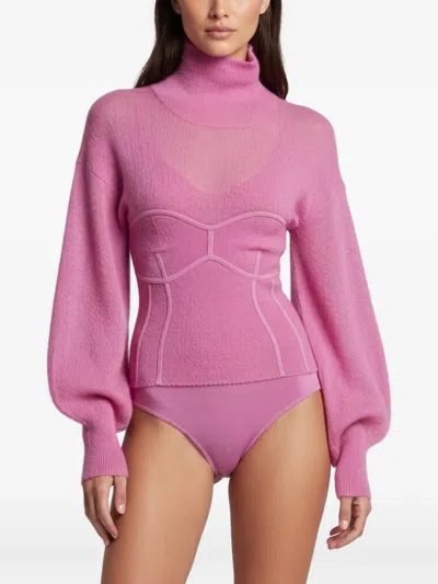 Pre-owned Herve Leger Paneled Turtleneck Bodysuit In Pink