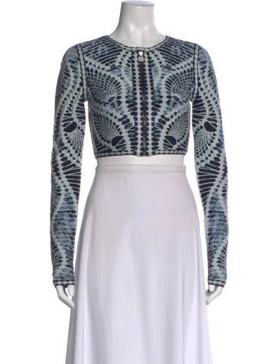 Pre-owned Herve Leger Patterned Crew Neck Crop Top In Blue