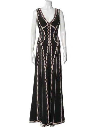 Pre-owned Herve Leger Patterned Long Dress In Black