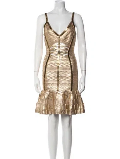 Pre-owned Herve Leger Patterned Mini Dress In Gold