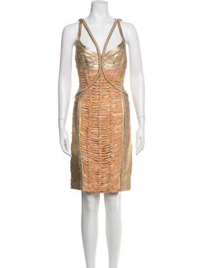 Pre-owned Herve Leger Patterned Mini Dress In Gold