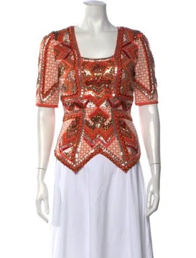 Pre-owned Herve Leger Patterned Square Neckline Sweater In Orange
