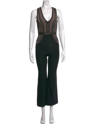 Pre-owned Herve Leger Patterned V-neck Jumpsuit In Black