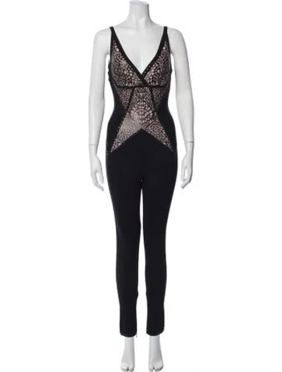 Pre-owned Herve Leger Patterned V-neck Jumpsuit W/ Tags In Blue