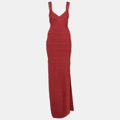 Pre-owned Herve Leger Pink Bandage Knit Cross Front Bodycon Maxi Dress M